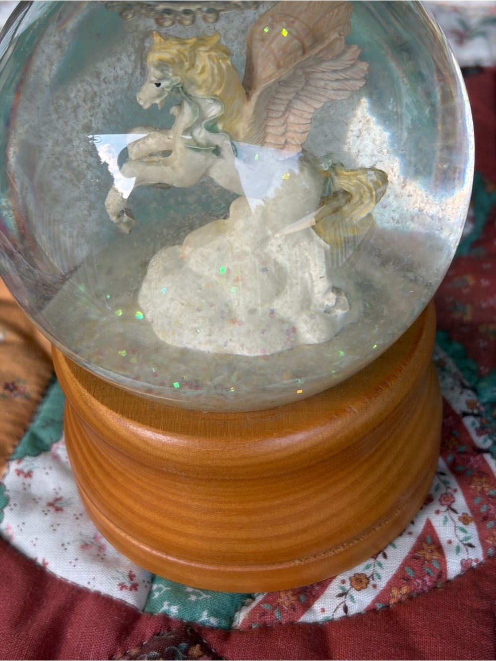 Vintage Pegasus Snow Globe with Wooden Base - Pastel Accents